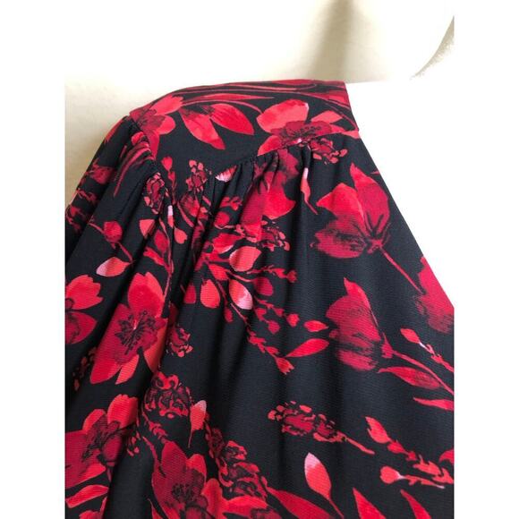 Tommy Hilfiger Long‎ Sleeve Midi Dress Faux Wrap V-neck Floral Red Black Elegant - Picture 9 of 16